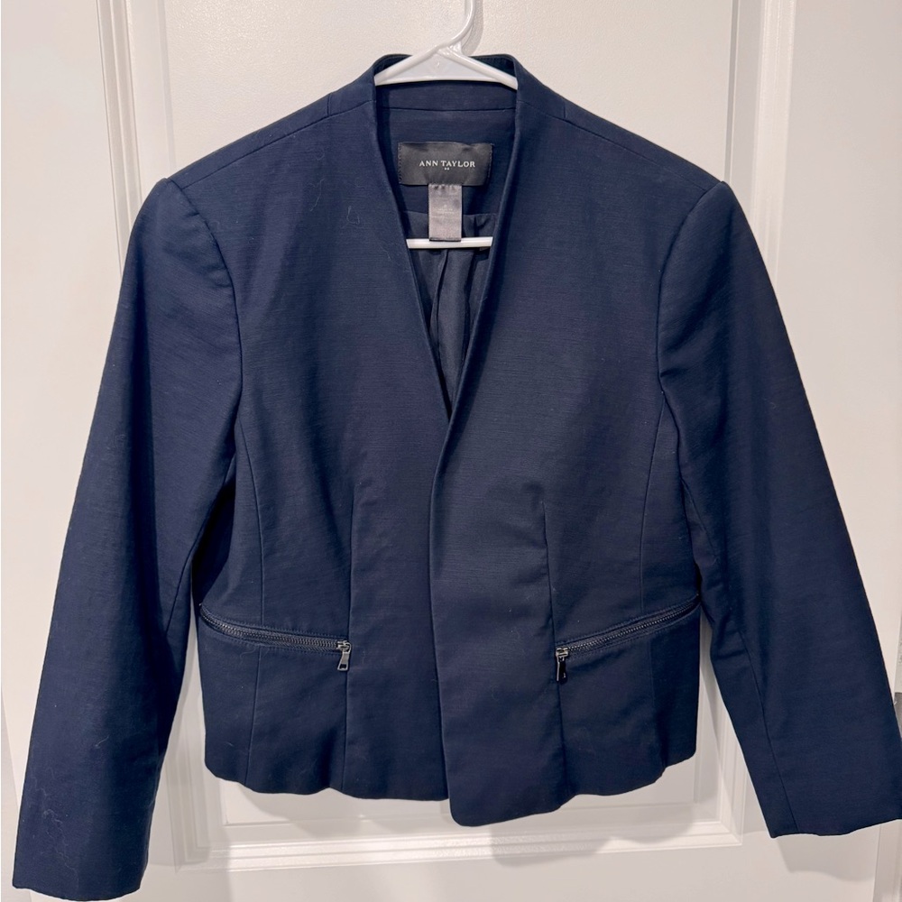 Ann Taylor Navy Cropped Collarless Blazer